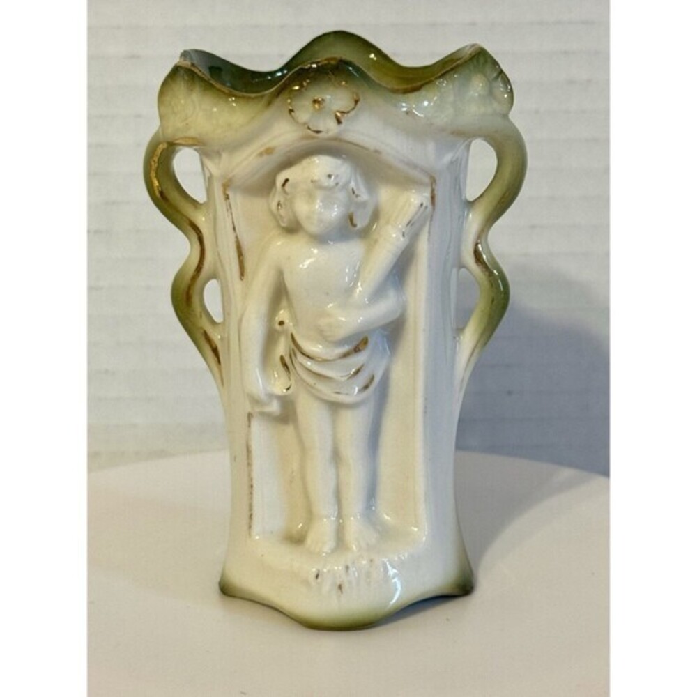 Antique Art Nouveau Amphora Bohemia Cherub Pottery Vase Austria Ceramic 4”